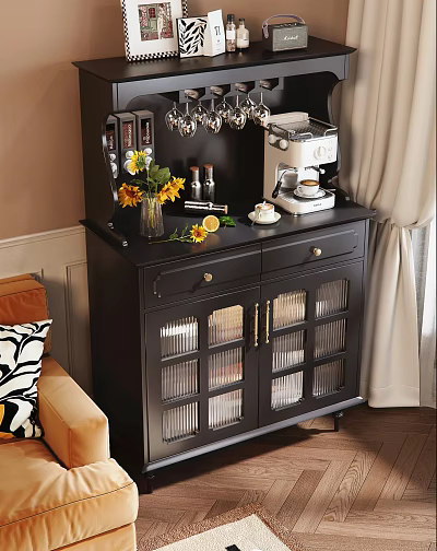 Black Sideboard With Glass Doors Displaying Sunflower Bouquet Coffee Maker And Spice Jars In Home 3d model
