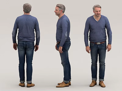 Man In Blue Sweater Jeans And Brown Shoes From Three Different Angles 3d model