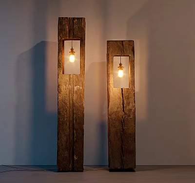 Rustic Wooden Floor Lamps With Lit Edison Bulb And Vintage Industrial Design 3d model