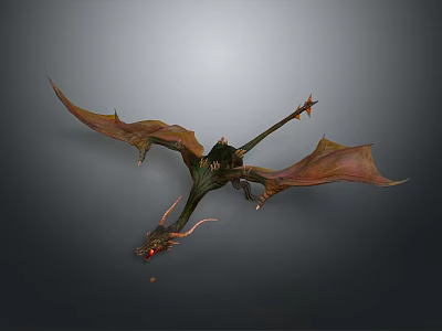 3D Rendered Dragon with Spread Wings Red Eyes Green Body Orange Wings on Gray Background 3d model