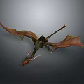 3D Rendered Dragon with Spread Wings Red Eyes Green Body Orange Wings on Gray Background