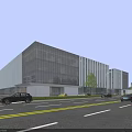 Modern Industrial Park Featuring Glass Facades Trees Roadside Cars and Pedestrians