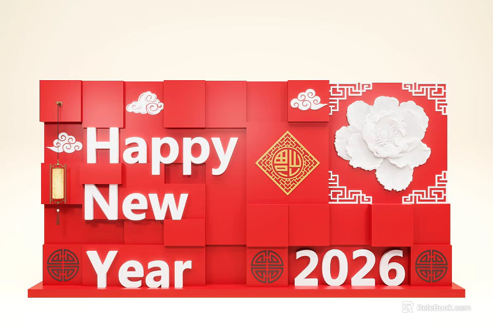Red Traditional Chinese New Year 2026 Event Display Wall With Peony And Cloud Patterns 3d model 