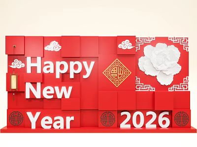 Red Traditional Chinese New Year 2026 Event Display Wall With Peony And Cloud Patterns 3d model
