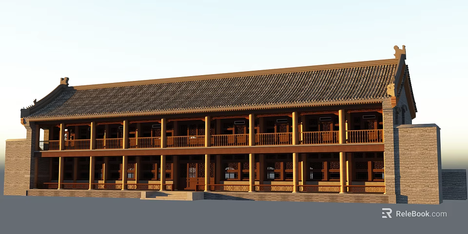 Traditional Ancient Architecture Two Story Structure With Tiled Roof Wooden Columns And Verandas 3d model 