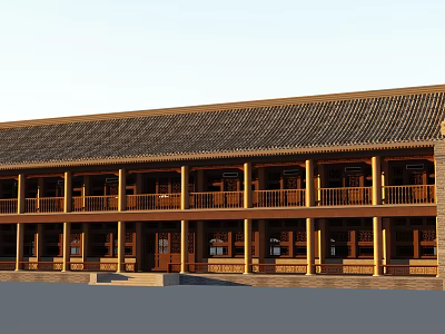 Traditional Ancient Architecture Two Story Structure With Tiled Roof Wooden Columns And Verandas 3d model