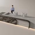 Modern Reception Desk Featuring Female Staff Marble Surface Two Computer Monitors And Sculpture 3d model