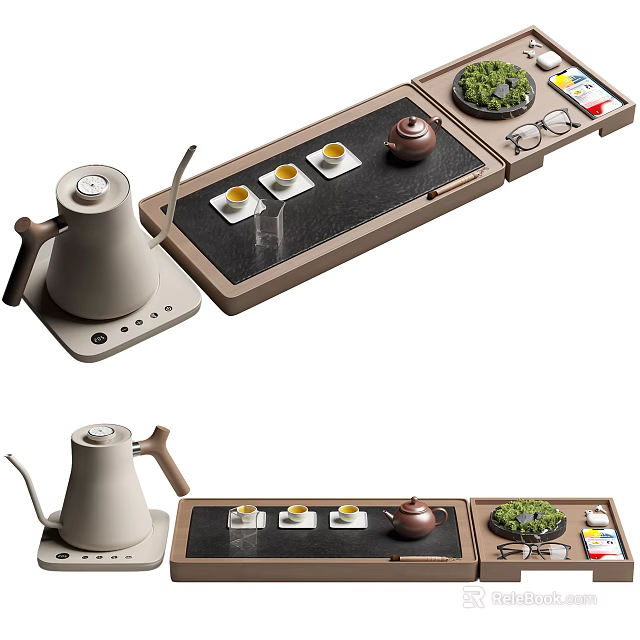 Modern Tea Set With Teapot Teacups Tray And Decorative Small Plants 3d model