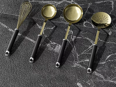 Four Modern Kitchen Utensils With Black Handles And Golden Metal Heads On Marble Countertop 3d model