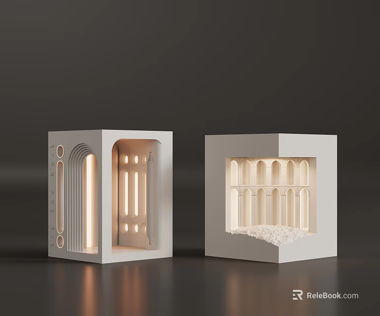 Decorative White Cubes With Interior Architectural Structures Featuring Lighting Effects And Miniature Designs 3d model