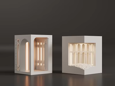 Decorative White Cubes With Interior Architectural Structures Featuring Lighting Effects And Miniature Designs 3d model