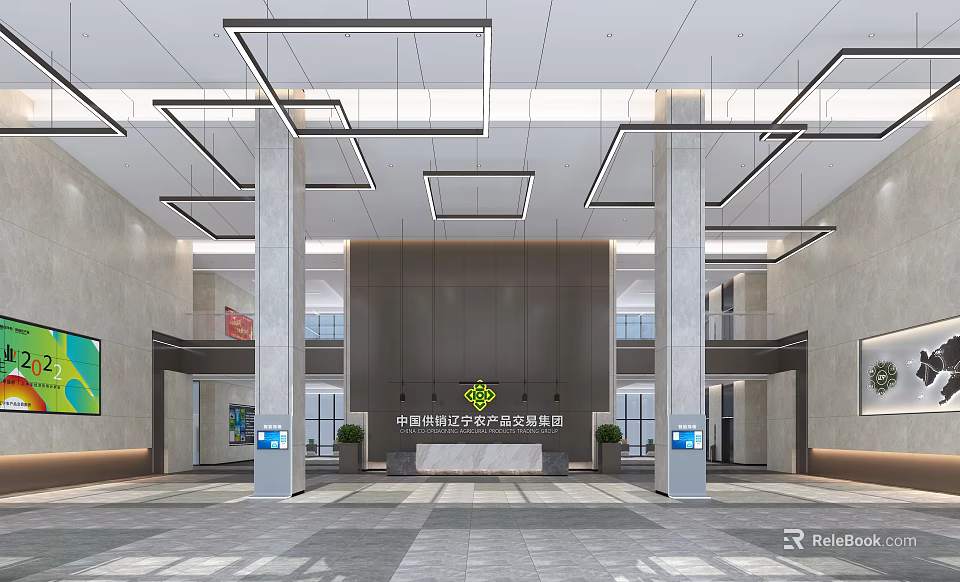 Elegant Modern Lobby Reception Desk With Hanging Lights Marble Walls And Spacious Interior 3d model 