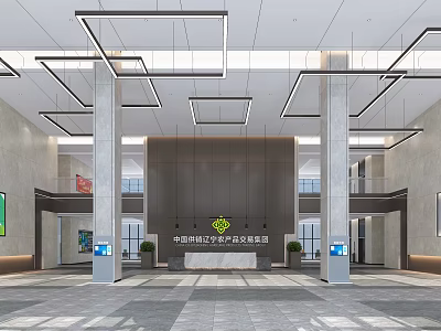 Elegant Modern Lobby Reception Desk With Hanging Lights Marble Walls And Spacious Interior 3d model