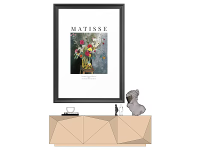 Framed Matisse Print With Flower Bouquet On Geometric Cabinet Coffee Cup Figurine And Dog Ornament 3d model