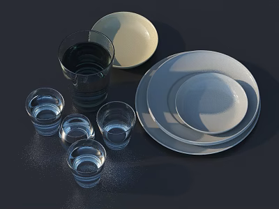 Elegant Dinnerware Set with Glasses and Stacked Plates for Dining Table 3d model