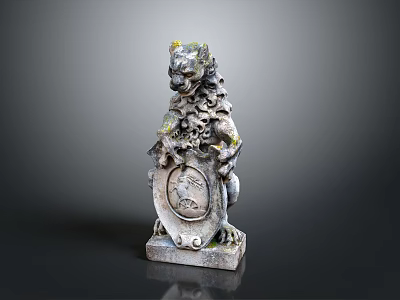 Mythical Guardian Lion Statue Holding Shield With Detailed Ancient Stone Carvings 3d model