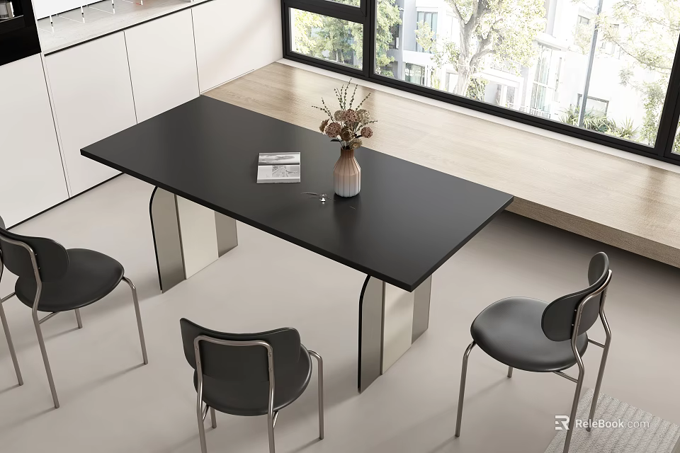 Modern Black Dining Table Set With Chairs And White Cabinets By Window 3d model