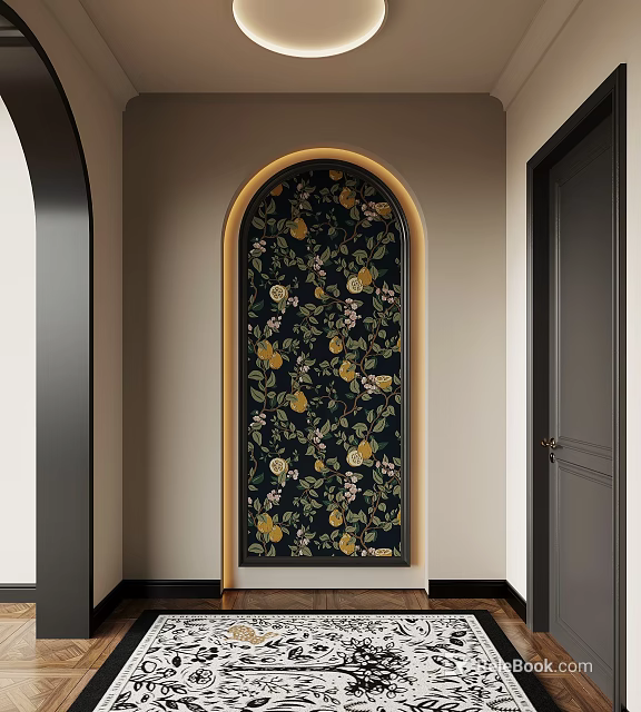 Elegant Entryway Design With Arched Frame And Floral Lemon Pattern Wallpaper 3d model