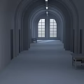 Elevator Hallway Interior With Archway Design Large Windows And Wooden Tables 3d model