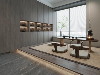 Traditional Tea Room With Wooden Walls Tatami Area Low Table And Tea Sets On Shelves 3d model
