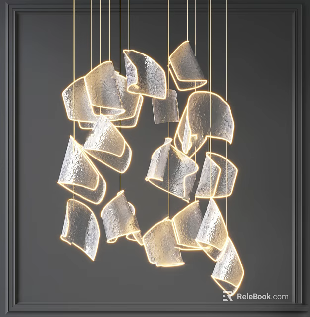 Modern Artistic Chandelier With Irregular Transparent Glass Pieces And Golden Hanging Wires 3d model 