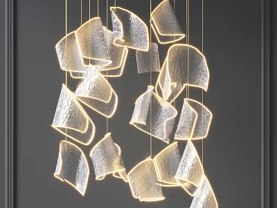 Modern Artistic Chandelier With Irregular Transparent Glass Pieces And Golden Hanging Wires 3d model