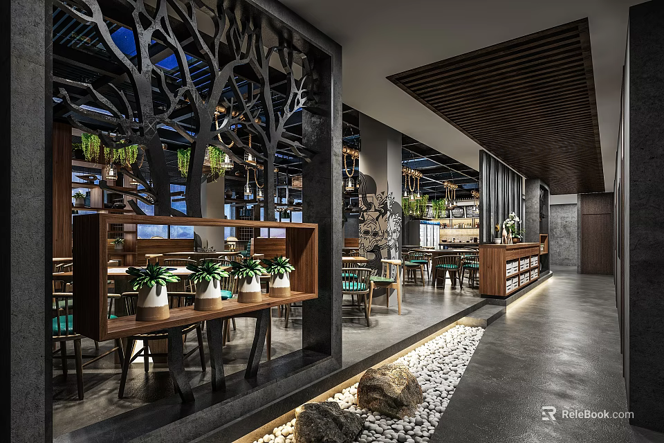 Modern Natural Restaurant Interior Design Featuring Tree Like Partitions Wooden Ceiling And Potted Plants 3d model 