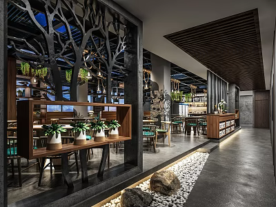 Modern Natural Restaurant Interior Design Featuring Tree Like Partitions Wooden Ceiling And Potted Plants 3d model