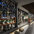 Modern Natural Restaurant Interior Design Featuring Tree Like Partitions Wooden Ceiling And Potted Plants