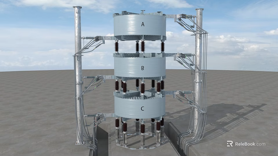 Industrial Equipment Tower Structure With Cylindrical Sections A B C Metal Framework And Supports 3d model 