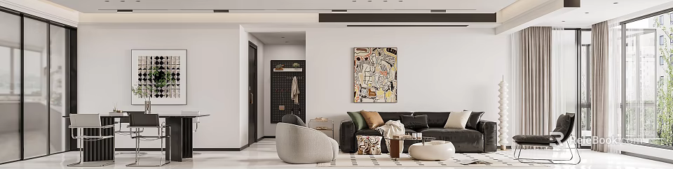 Modern Living Dining Room With Black Sofa Gray Armchair And Colorful Abstract Painting 3d model 