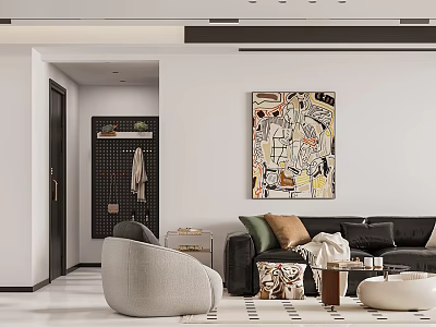 Modern Living Dining Room With Black Sofa Gray Armchair And Colorful Abstract Painting 3d model