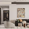 Modern Living Dining Room With Black Sofa Gray Armchair And Colorful Abstract Painting
