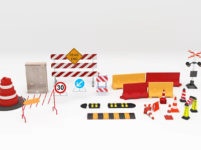 Road Facilities Including Traffic Cones Warning Signs Barriers And Speed Limit Signs 3d model