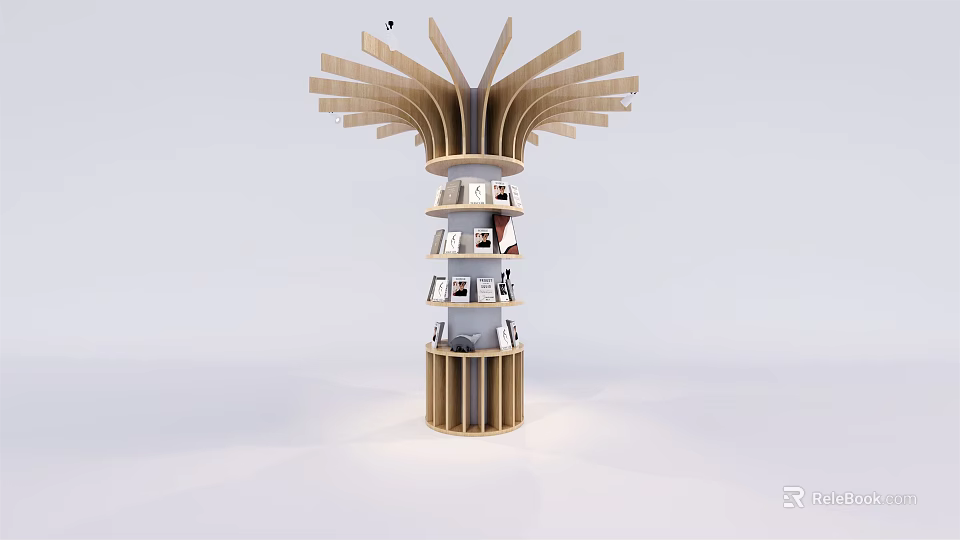 Tree Shaped Display Shelf With Multi Layer Design And Books For Retail 3d model