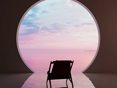 Scenic View Through Circular Archway With Pink Blue Sky Clouds Calm Water Reflection Black Chair 3d model