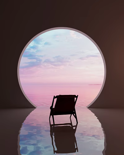 Scenic View Through Circular Archway With Pink Blue Sky Clouds Calm Water Reflection Black Chair 3d model