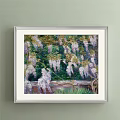Beautiful Landscape Painting With Cliff Green Vegetation Houses Seascape Distant Boats Beach And Waves