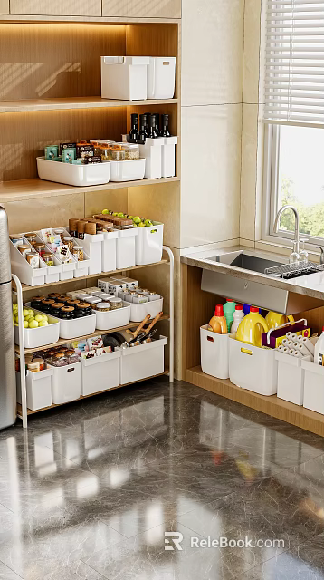 Organized Kitchen Cabinets With Storage Bins Fruits And Kitchen Supplies 3d model 