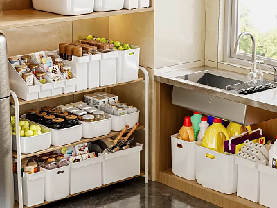 Organized Kitchen Cabinets With Storage Bins Fruits And Kitchen Supplies 3d model