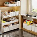 Organized Kitchen Cabinets With Storage Bins Fruits And Kitchen Supplies