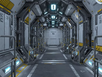 Elevator Corridor With Futuristic Design Metallic Structure Yellow Gray Color Scheme Handrails And Illuminated Indicators 3d model