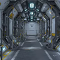 Elevator Corridor With Futuristic Design Metallic Structure Yellow Gray Color Scheme Handrails And Illuminated Indicators