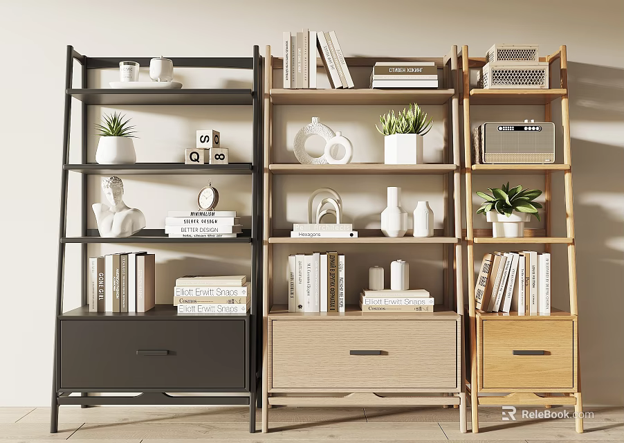 Modern Multipurpose Shelving Units with Storage Drawers Books Decor and Potted Plants 3d model 