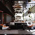 Modern Banquet Hall Interior Design With Black Orange Decor Large Chandeliers Floor To Ceiling Windows