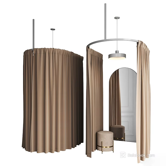 Brown Velvet Curtains For Modern Interior With Round Mirror And Pendant Light 3d model 
