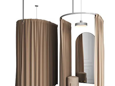Brown Velvet Curtains For Modern Interior With Round Mirror And Pendant Light 3d model