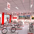 YAMAHA Bicycle Retail Store With Silver And Red Exterior Bicycle Display And Customers