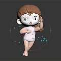 3D Cartoon Girl Character With Brown Ponytail Running Through Blue Floating Fragments In Dynamic Pose