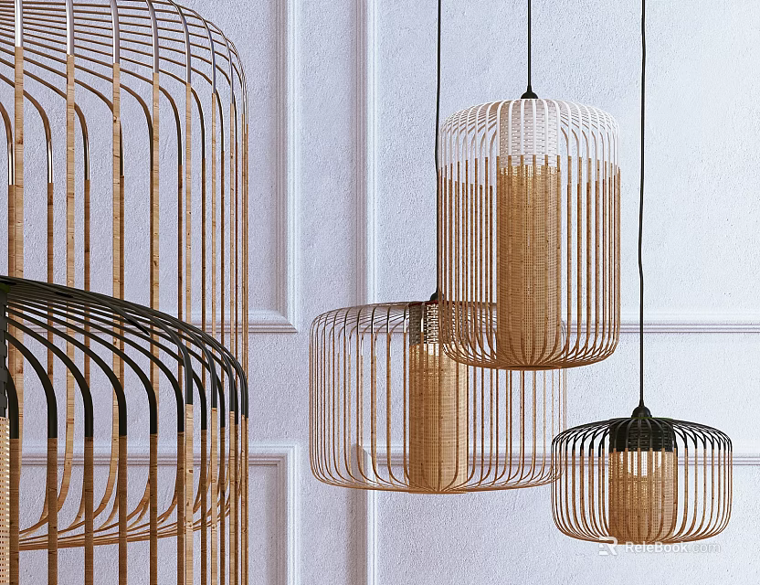 Modern Pendant Lights With Metal Frames Wicker Shades Gold Black Hanging On White Wall 3d model 